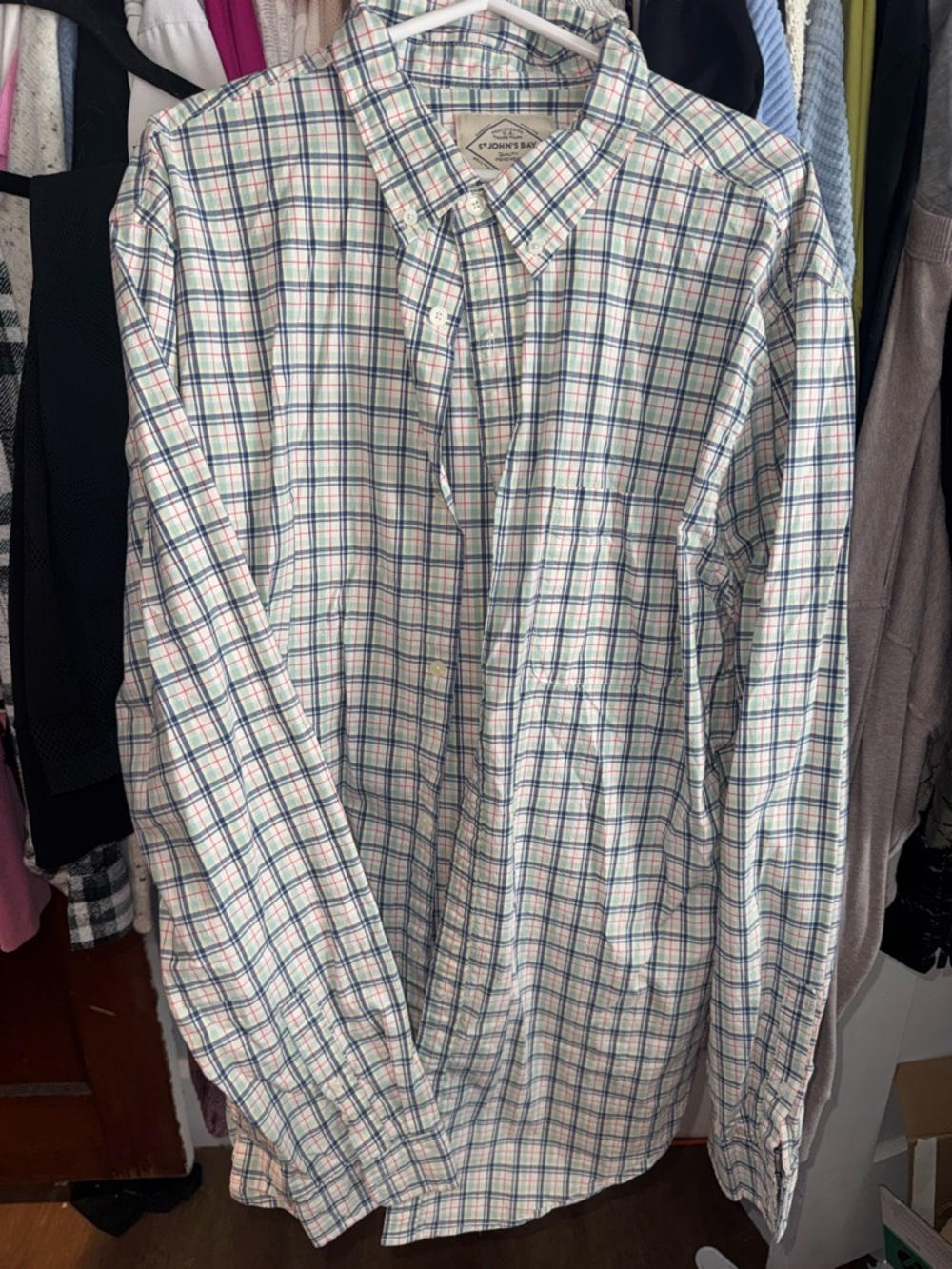 St. John's Bay Plaid Button-Down Shirt in White, Blue, Green